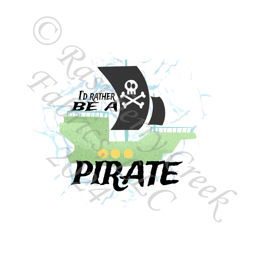 Light Green Light Blue Yellow and Charcoal I'd Rather Be Pirate Panel, Reptile Pirates by Elise Peterson for CLUB Fabrics