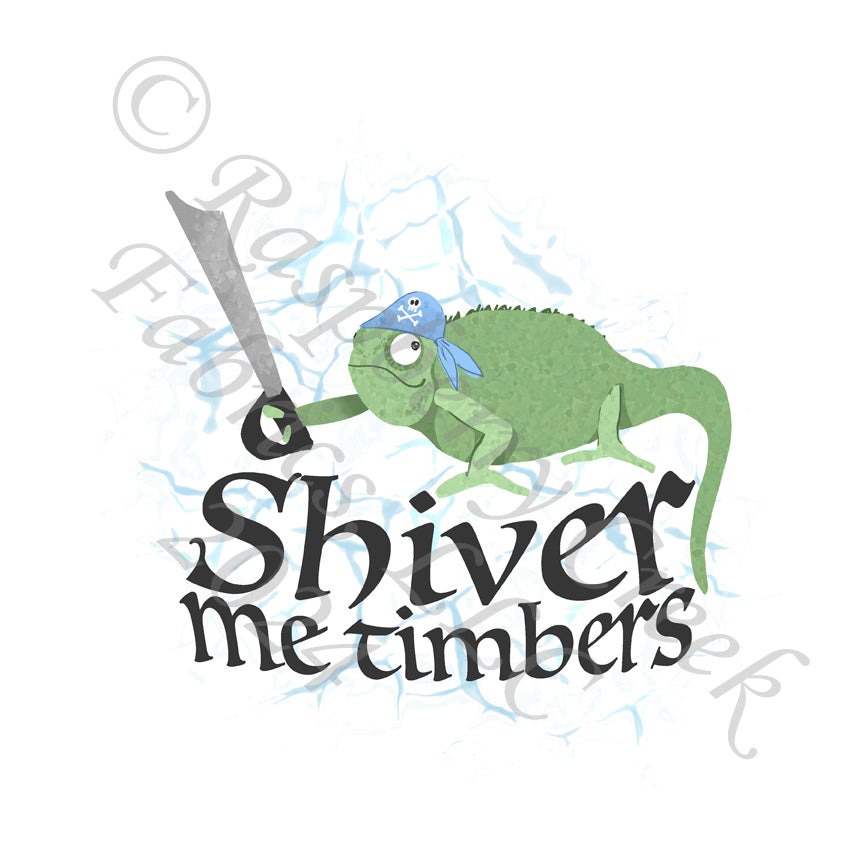 Light Green Light Blue and Charcoal Chameleon Shiver Me Timbers Panel, Reptile Pirates by Elise Peterson for CLUB Fabrics