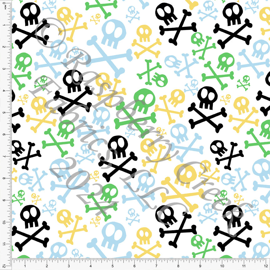 Light Green Light Blue Yellow and Charcoal Skull and Crossbones Print Fabric, Reptile Pirates by Elise Peterson for CLUB Fabrics
