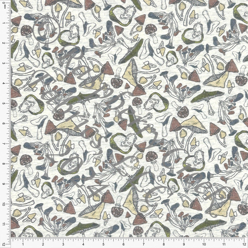 PRE-ORDER Rust Olive and Deep Mustard Linedrawn Watercolor Mushrooms on Oatmeal 4 Way Stretch French Terry Knit Fabric