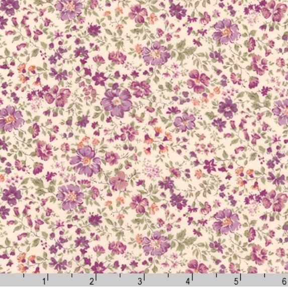 Tonal Purple Peach and Green Ditsy Floral on Cream Cotton Lawn, Sevenberry Petite Garden for Robert Kaufman