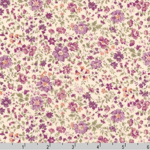 Tonal Purple Peach and Green Ditsy Floral on Cream Cotton Lawn, Sevenberry Petite Garden for Robert Kaufman