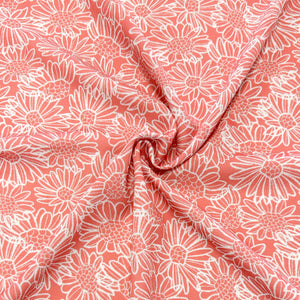 Deep Coral and White Linedrawn Daisy Floral Print Stretch Crepe, CLUB Fabrics