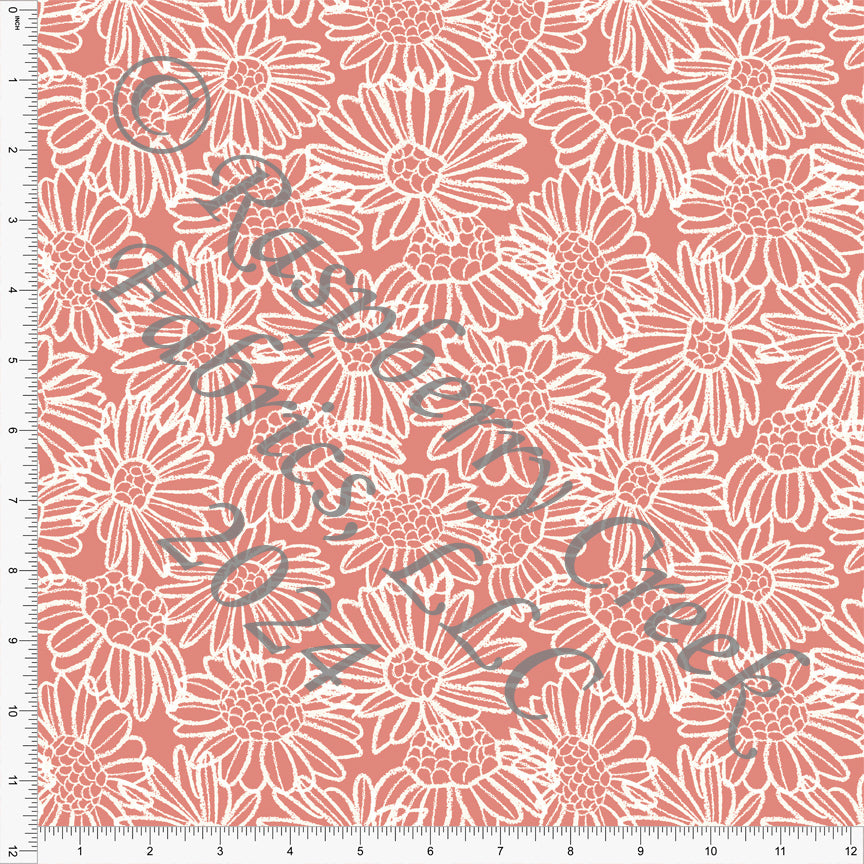 Deep Coral and White Linedrawn Daisy Floral Print Stretch Crepe, CLUB Fabrics