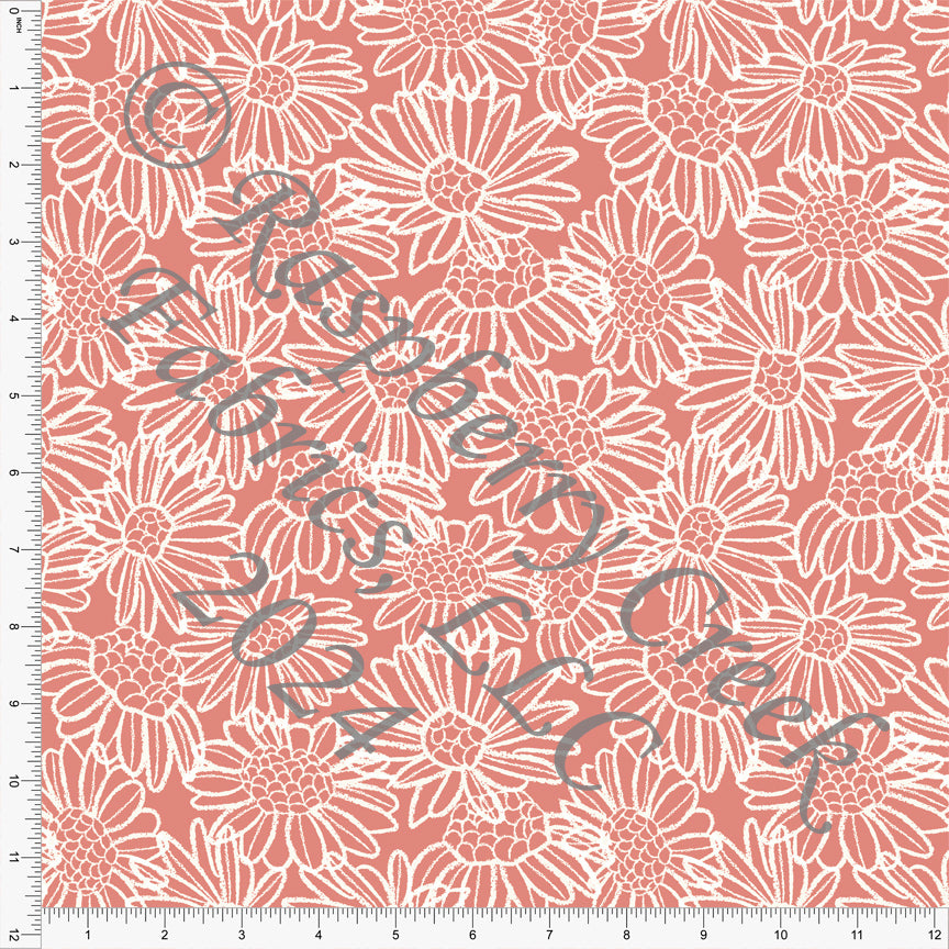 Deep Coral and White Linedrawn Daisy Floral Print Stretch Crepe, CLUB Fabrics