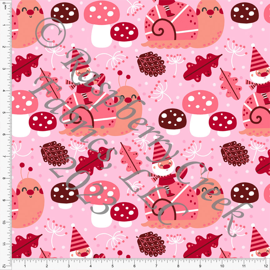 Pink Coral Burgundy and White Snail Gnome Santa Print Fabric, Gnome Santa by Angela Sbandelli for CLUB Fabrics