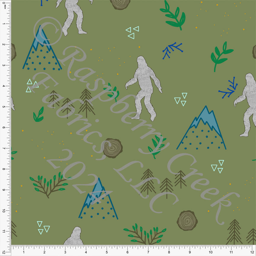 Bright Olive Teal and Brown Sasquatch Mountain Print Fabric, Sasquatch by Kim Henrie for CLUB Fabric