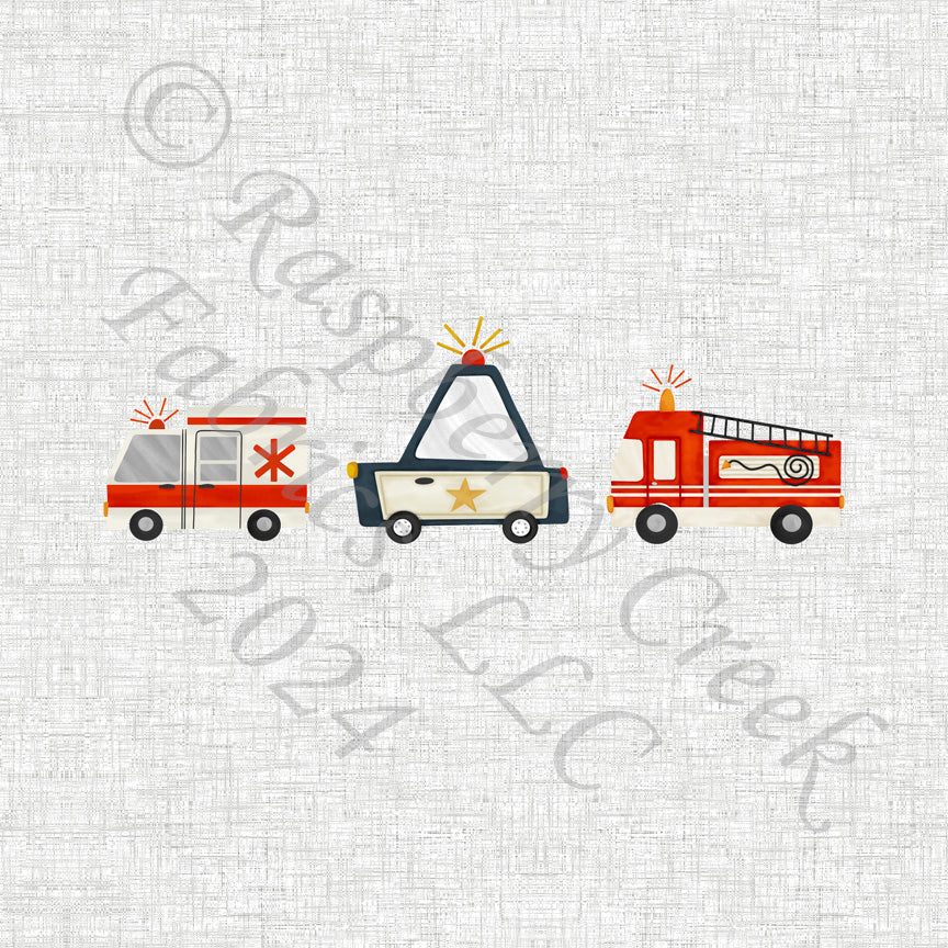 Grey Red Black and Dark Blue Emergency Vehicle Panel, Scandi Cars by Brittney Laidlaw for CLUB Fabrics