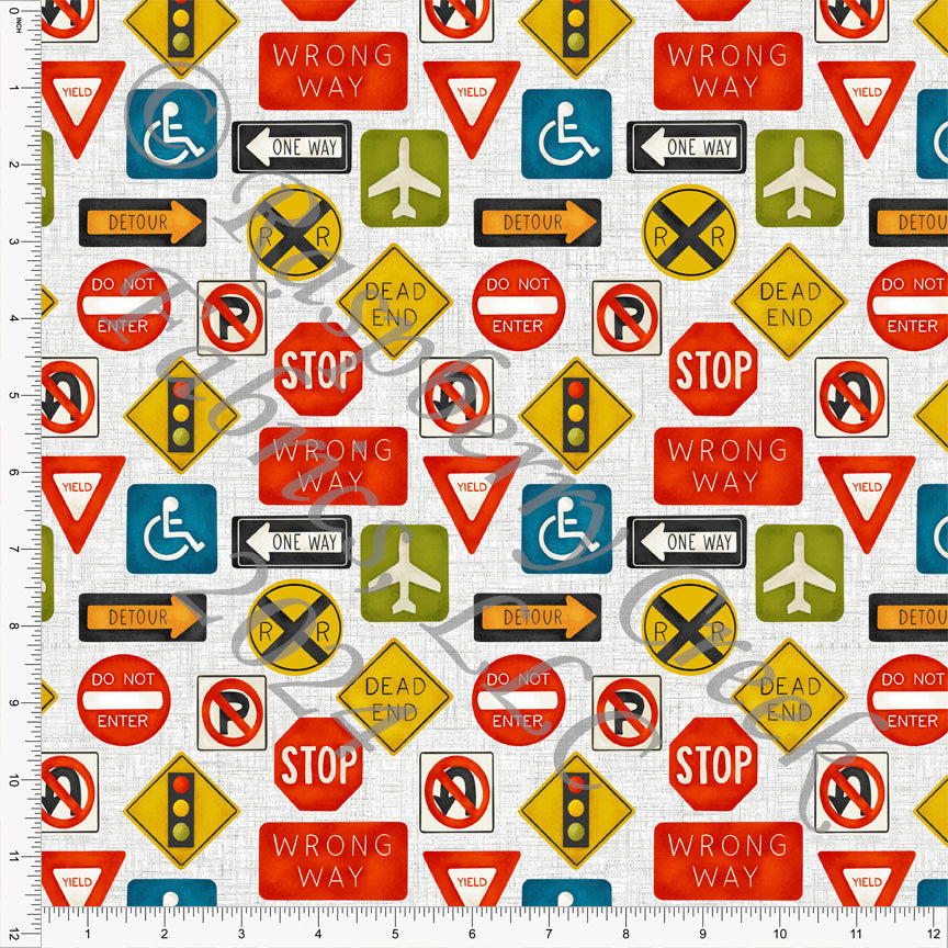 Grey Red Yellow Azure Blue and Black Road Sign Print Fabric, Scandi Cars by Brittney Laidlaw for CLUB Fabrics