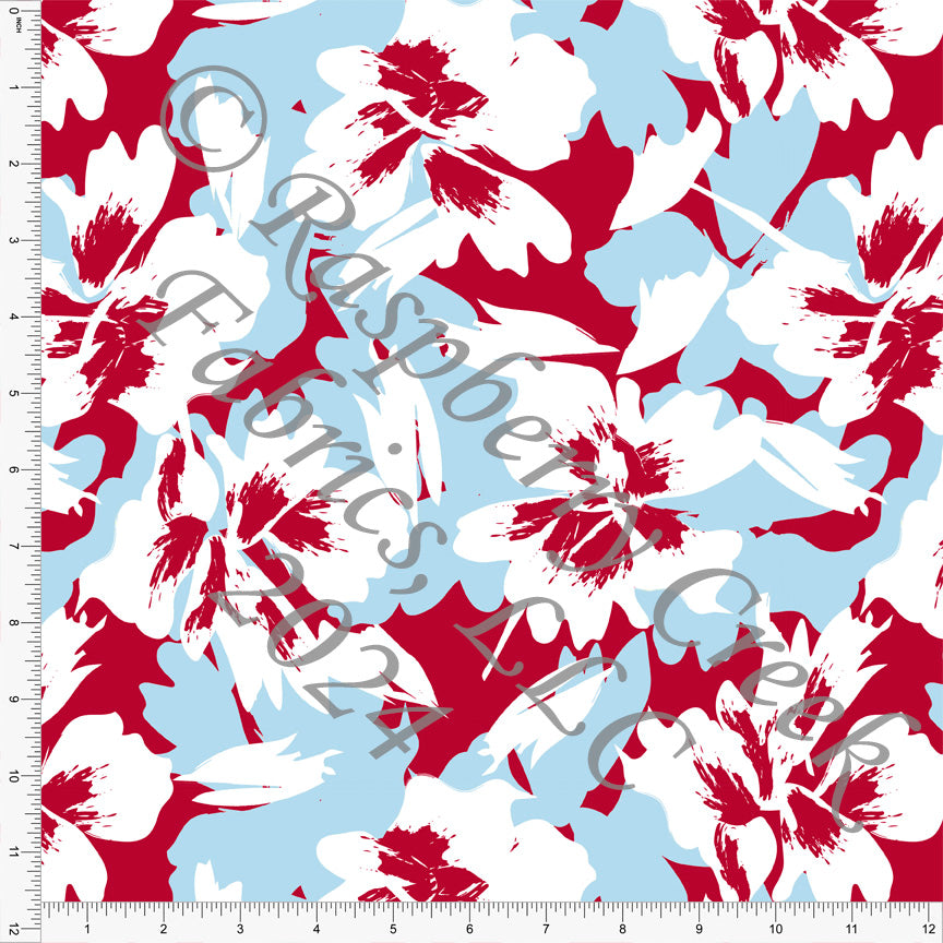 Red Light Blue and White Large Abstract Floral Print Fabric, Seaside for CLUB Fabrics