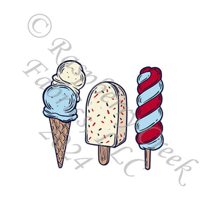 Red Light Blue Navy and Cream Ice Cream Cone Panel, Seaside for CLUB Fabrics