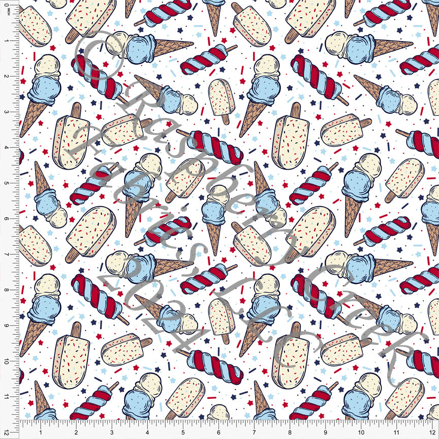 Red Light Blue Navy and Cream Tossed Ice Cream Cone and Sprinkle Print Fabric, Seaside for CLUB Fabrics