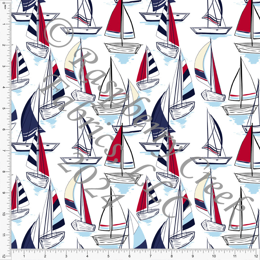Red Light Blue Navy and Cream Sailboat Print Fabric, Seaside for CLUB Fabrics