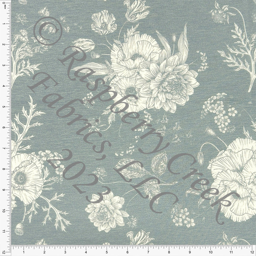 Dusty Blue and Cream Simple Floral Heathered FLEECE Sweatshirt Knit Fabric, CLUB Fabrics