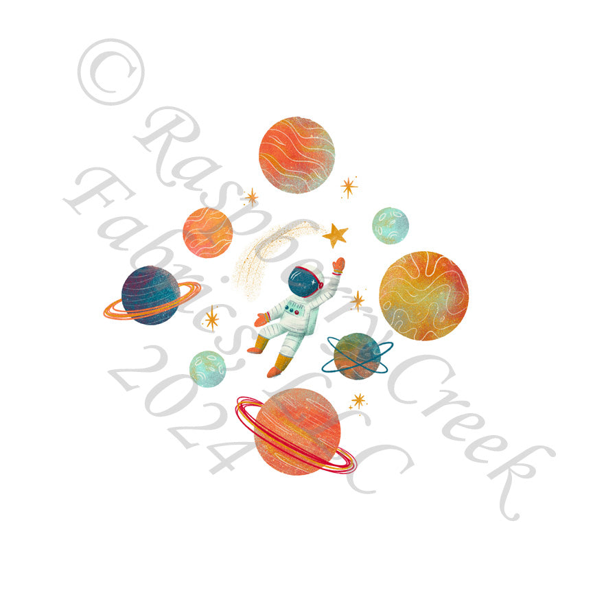Orange Teal Red Light Blue and Mustard Planet and Robot Panel, Space by Janelle Coury for CLUB Fabrics