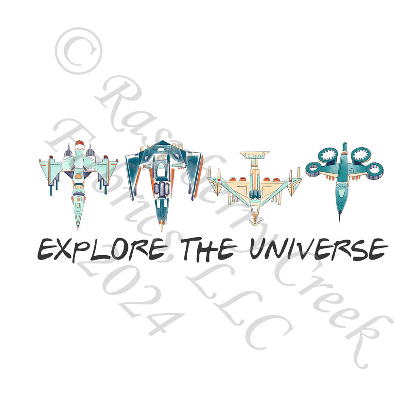 Navy Teal Grey and Off White Spaceship Explore the Universe Panel, Spacecraft by Elise Peterson for CLUB Fabrics