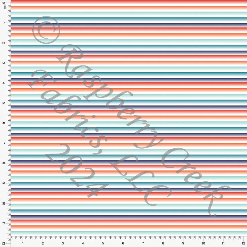 Navy Teal Red Orange and Light Blue Ombre Stripe Print Fabric, Spacecraft by Elise Peterson for CLUB Fabrics