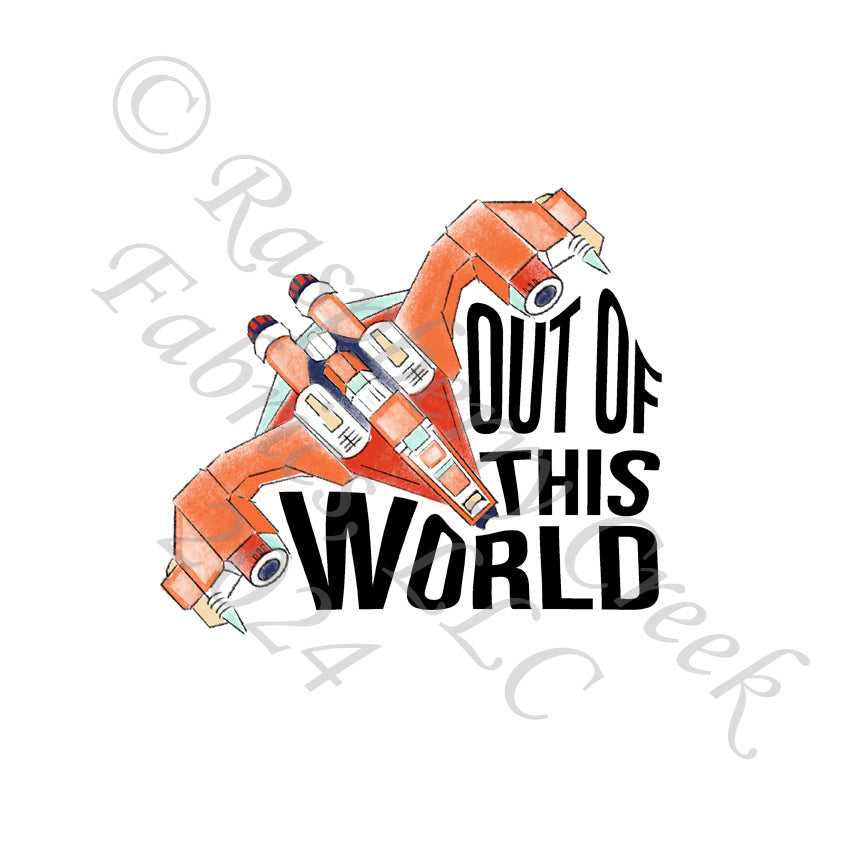 Orange Red Navy and Black Spaceship Out Of This World Panel, Spacecraft by Elise Peterson for CLUB Fabrics