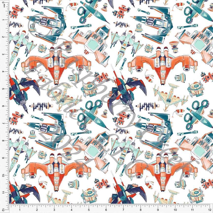 Navy Teal Mint Red Orange and Grey Spaceship Print Fabric, Spacecraft by Elise Peterson for CLUB Fabrics