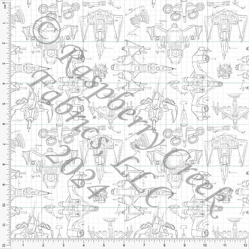 Navy and Light Blue Line Drawn Spaceship Blueprint Print Fabric, Spacecraft by Elise Peterson for CLUB Fabrics