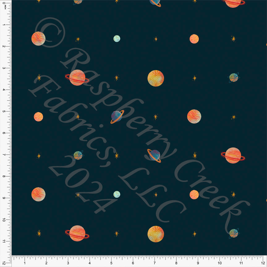 Midnight Navy Orange Teal Red Light Blue and Mustard Planet Print Fabric, Space by Janelle Coury for CLUB Fabrics