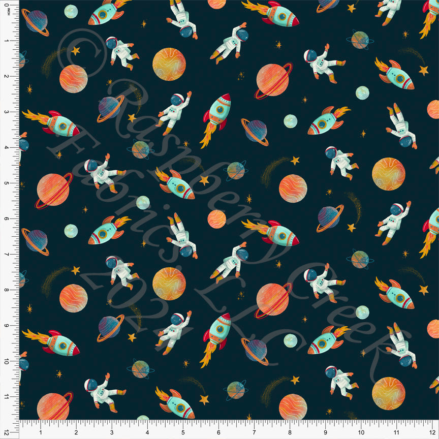 Midnight Navy Orange Teal Red Light Blue and Mustard Planet and Astronaut Print Fabric, Space by Janelle Coury for CLUB Fabrics