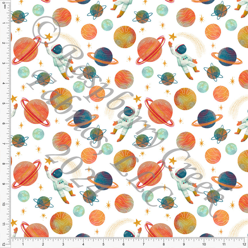 Orange Teal Red Light Blue and Mustard Planet and Astronaut Print Fabric, Space by Janelle Coury for CLUB Fabrics