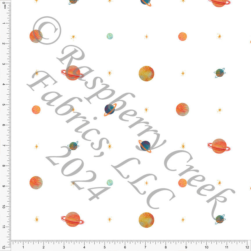 Orange Teal Red Light Blue and Mustard Planet Print Fabric, Space by Janelle Coury for CLUB Fabrics