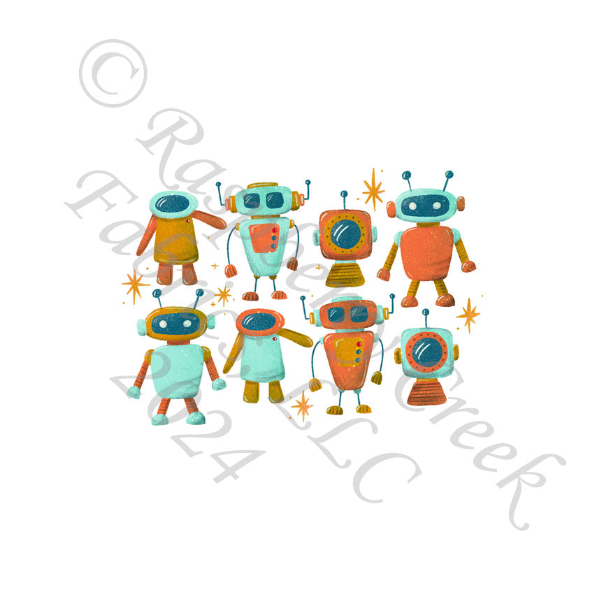 Orange Teal Red Light Blue and Mustard Robot Panel, Space by Janelle Coury for CLUB Fabrics