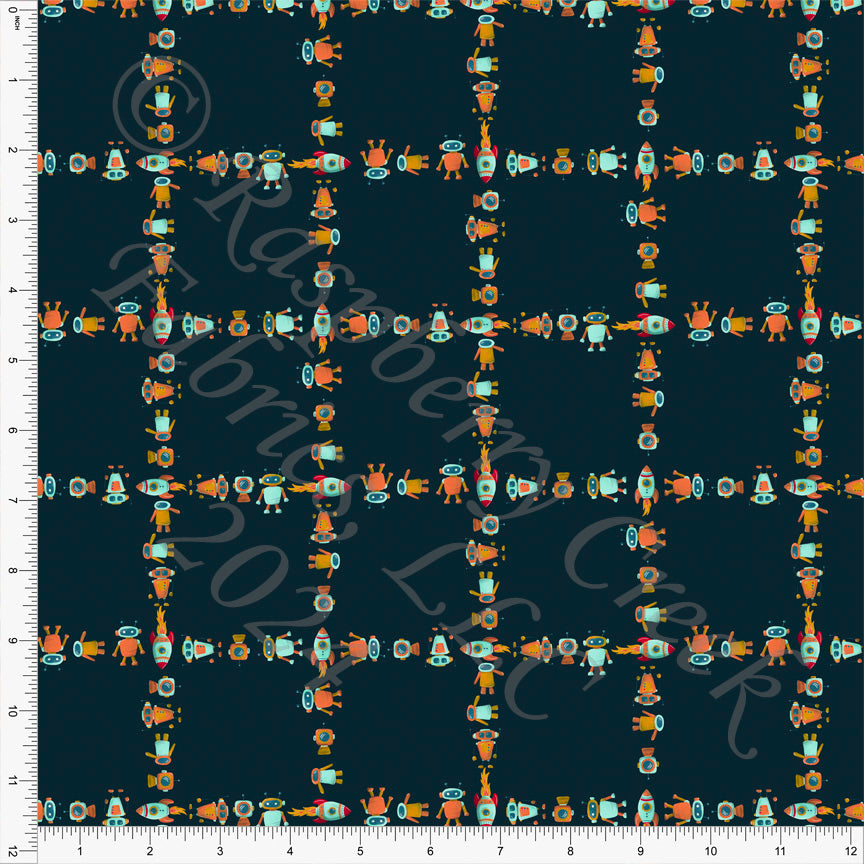 Midnight Navy Orange Teal Red Light Blue and Mustard Robot Plaid Fabric, Space by Janelle Coury for CLUB Fabrics