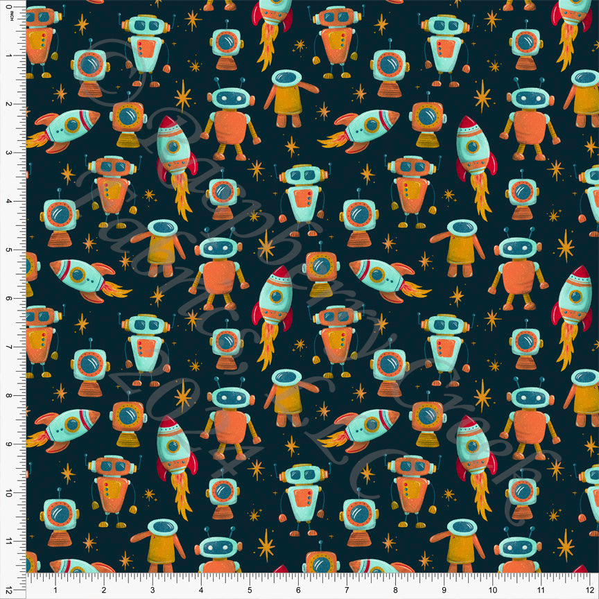 Midnight Navy Orange Teal Red Light Blue and Mustard Robot Spaceship Print Fabric, Space by Janelle Coury for CLUB Fabrics