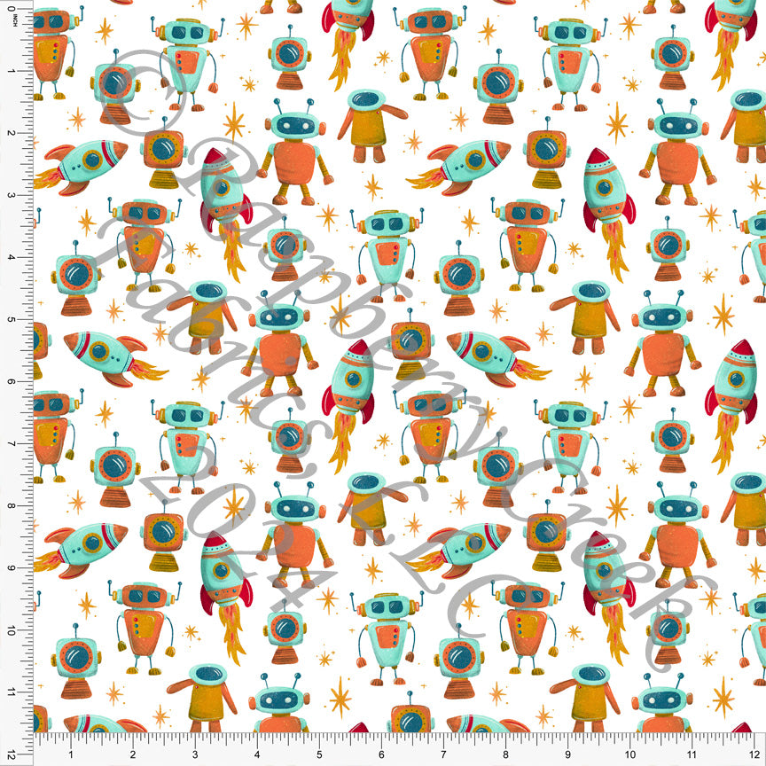 Orange Teal Red Light Blue and Mustard Robot Spaceship Print Fabric, Space by Janelle Coury for CLUB Fabrics