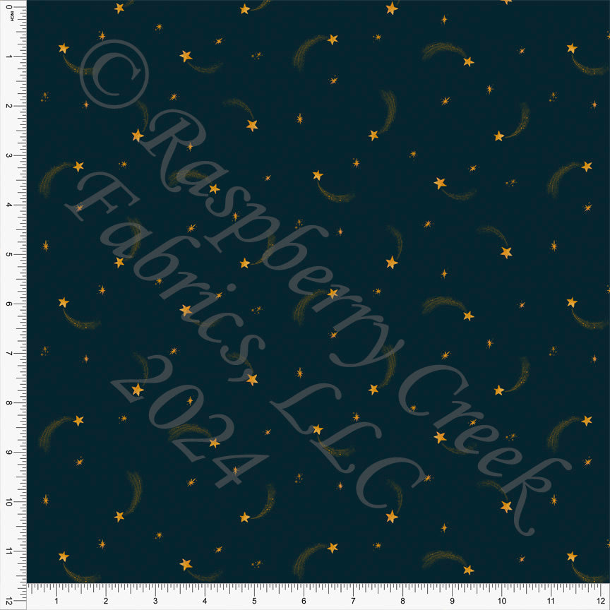 Midnight Navy Gold and Mustard Shooting Star Print Fabric, Space by Janelle Coury for CLUB Fabrics