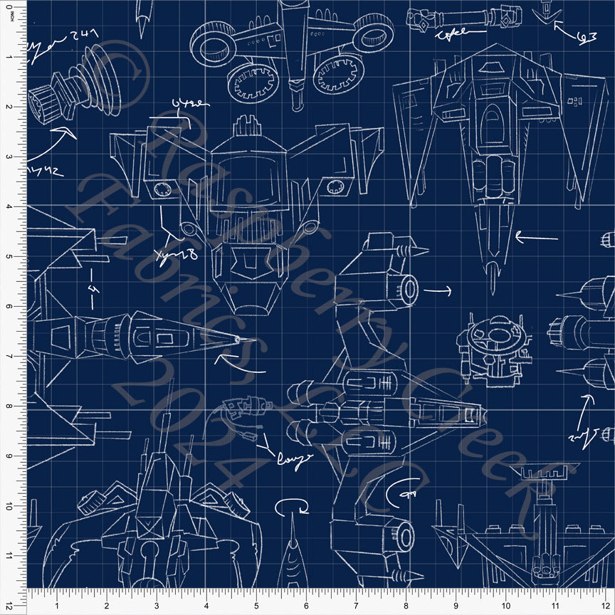 Navy Blue and White Line Drawn Spaceship Blueprint Print Fabric, Spacecraft by Elise Peterson for Club Fabrics