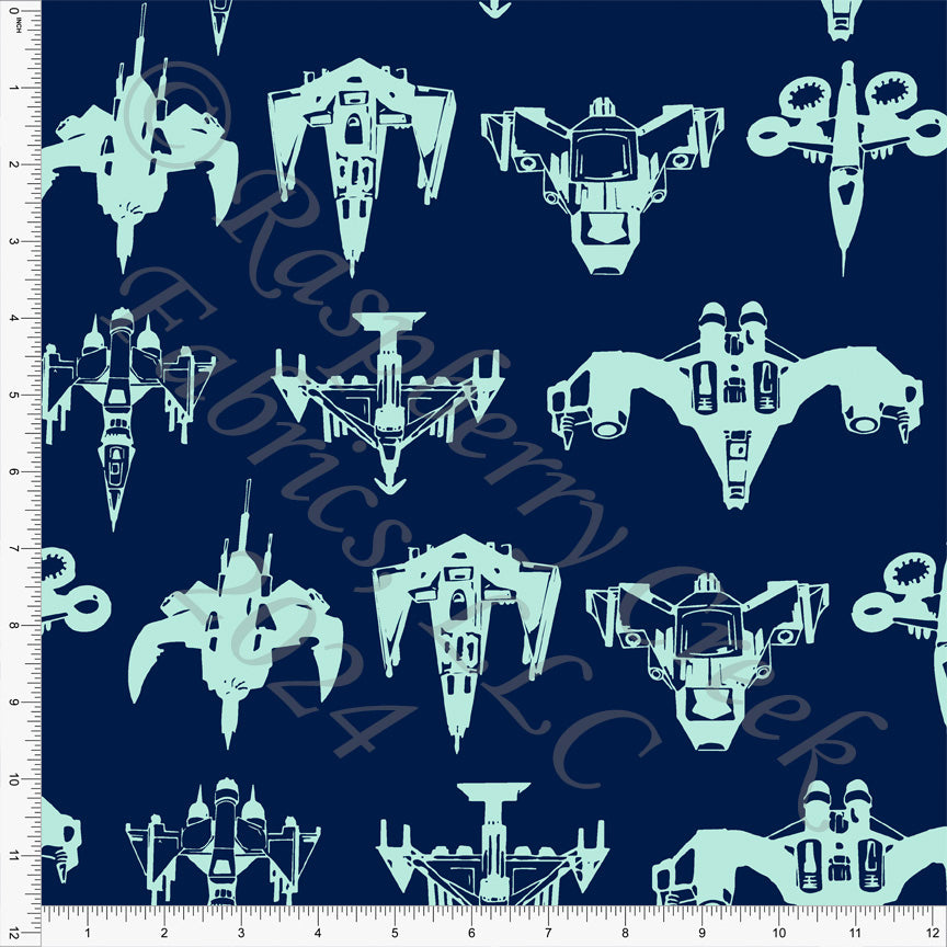 Navy Blue and Mint Spaceship Silhouette Print Fabric, Spacecraft by Elise Peterson for Club Fabrics