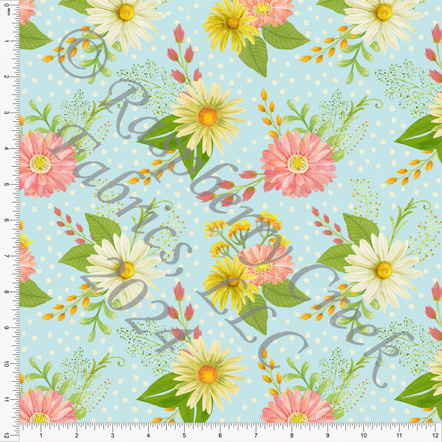Light Blue Yellow Pink and Green Polka Dot Daisy Floral Print Fabric, Spring Florals for CLUB Fabrics