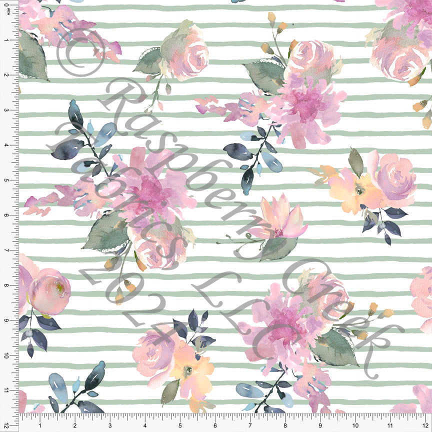 Dusty Green Purple Peach and Navy Stripe Floral Print Fabric, Spring Florals for CLUB Fabrics