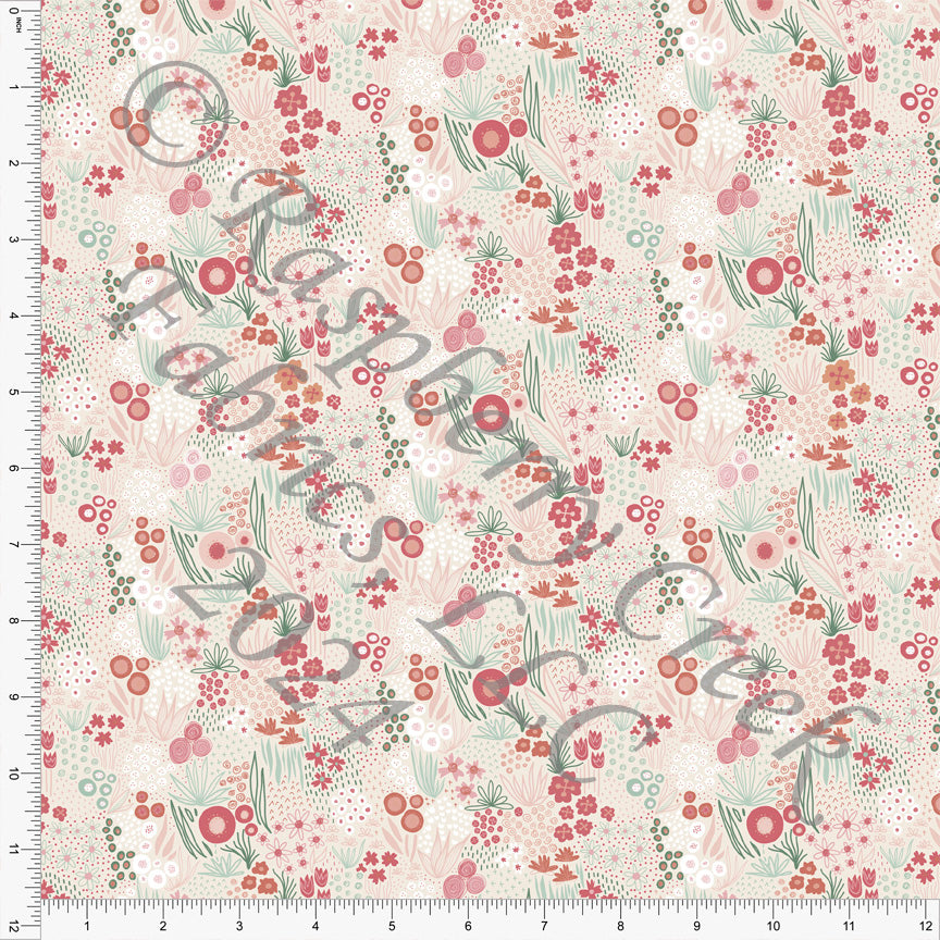 Tonal Peach Salmon and Dusty Green Ditsy Meadow Floral Print Fabric, Spring Florals for CLUB Fabrics