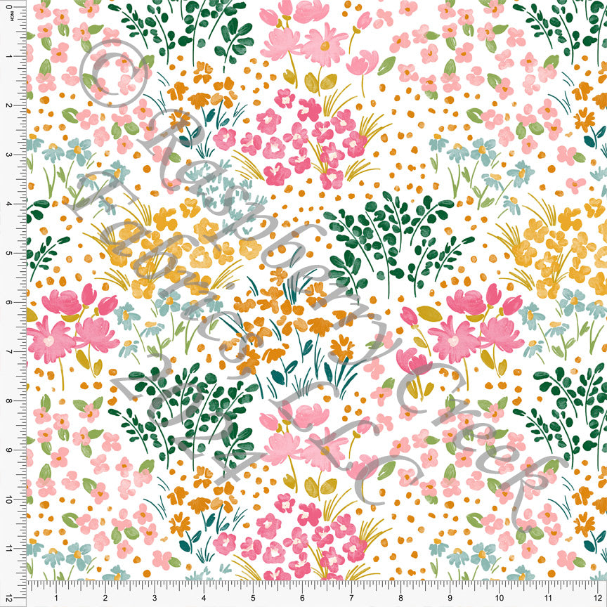 Salmon Mustard Deep Teal Steel Blue and Light Rust Meadow Floral Print Fabric, Spring Florals by Brittney Laidlaw for CLUB Fabrics