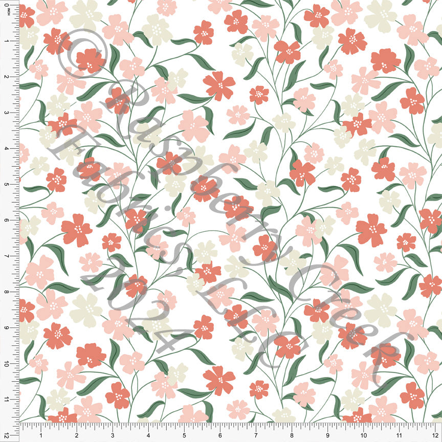 Tonal Peach and Deep Sage Green Vine Floral Print Fabric, Spring Florals by Brittney Laidlaw for CLUB Fabrics