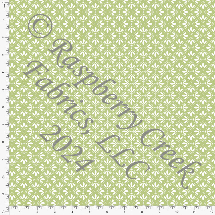 Avocado Green and White Geometric Petal Print Stretch Crepe, CLUB Fabrics