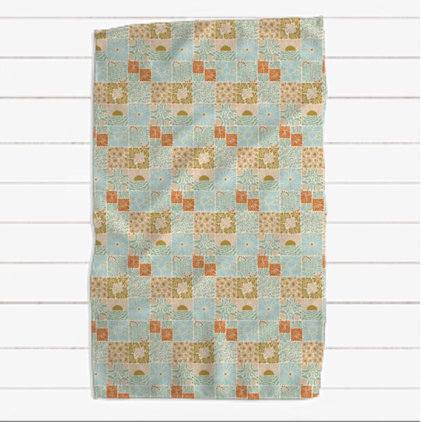 Green Rust Light Blue and Peach Floral Patchwork and Random Pin Dot Towels, Set of Two
