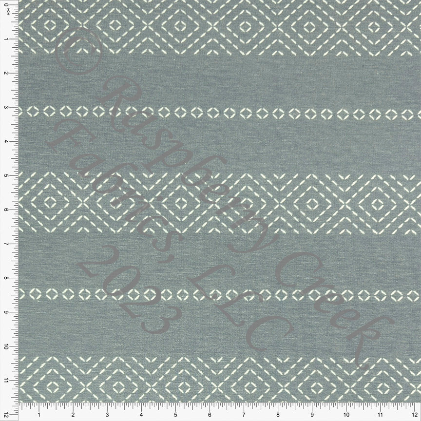 Dusty Blue and Cream Stitched Stripe Heathered FLEECE Sweatshirt Knit Fabric, CLUB Fabrics
