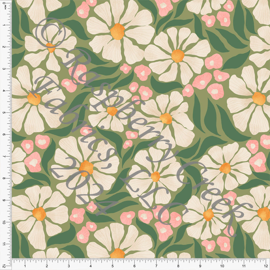 Tonal Olive Green Blossom and Cream Large Tropical Floral Print Fabric, Summer Blossom by Brittney Laidlaw for Club Fabrics
