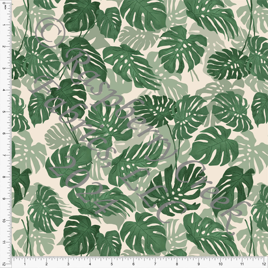 Tonal Dusty Olive and Cream Monstera Leaf Print Fabric, Summer Blossom by Brittney Laidlaw for Club Fabrics