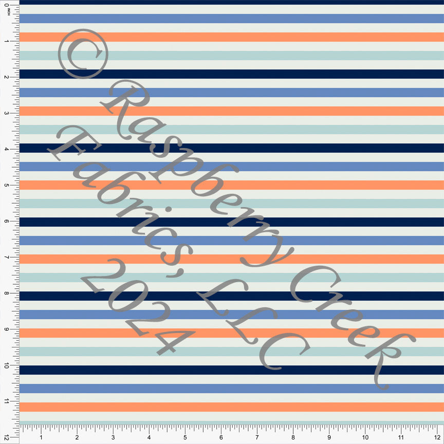 Cornflower Blue Navy Orange and Light Blue Multi Stripe Print Fabric, Summer Vibes by Kim Henrie for Club Fabrics