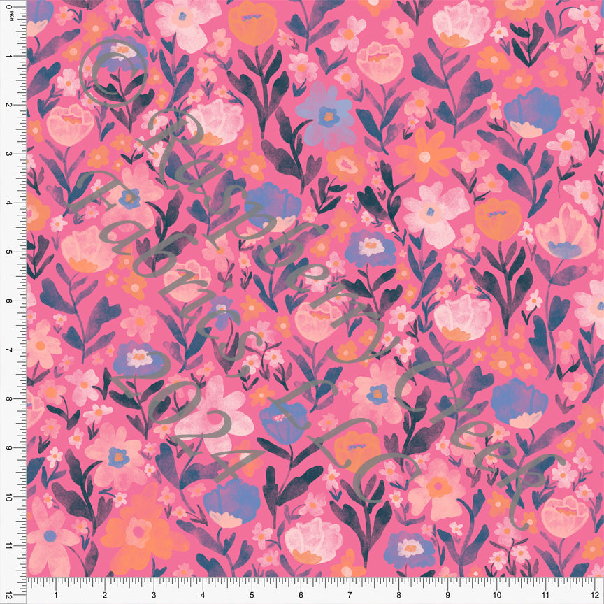 Pink Blossom Orange and Cornflower Blue Floral Print Fabric, Summer Vibes by Kim Henrie for Club Fabrics