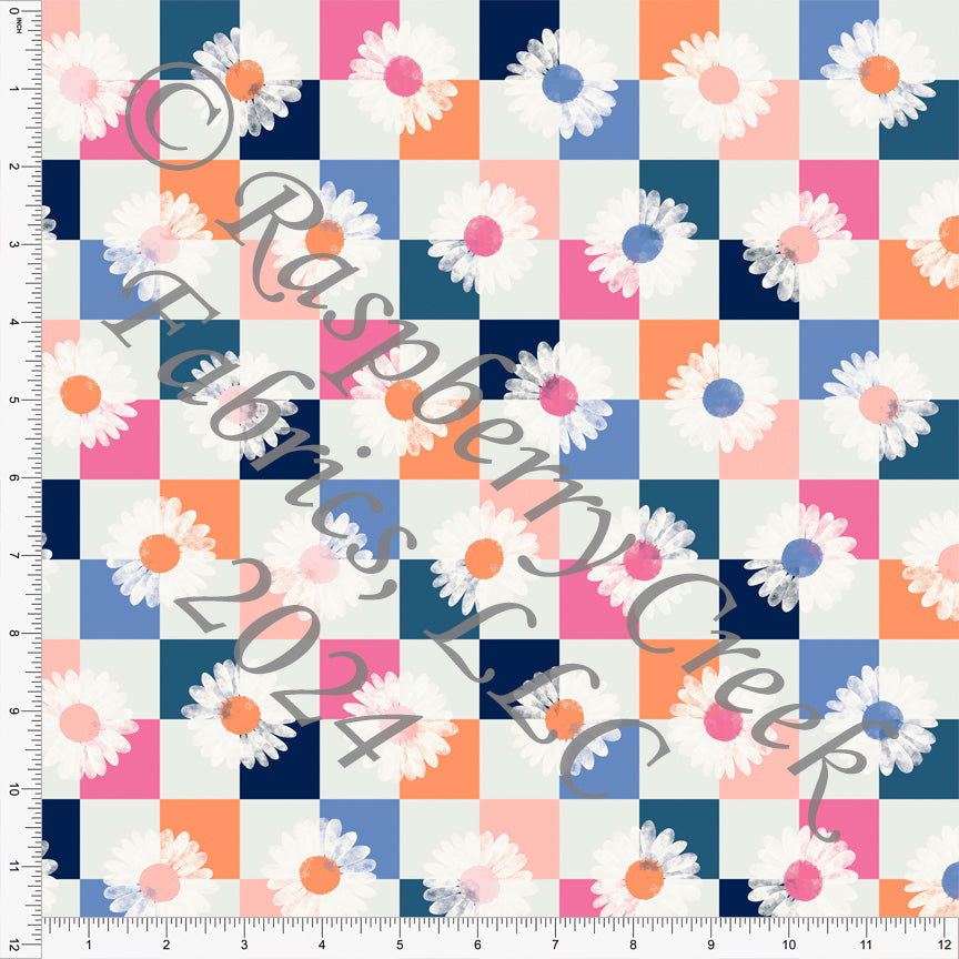 Blossom Pink Cornflower Blue Navy and Orange Daisy Checker Print Fabric, Summer Vibes by Kim Henrie for Club Fabrics