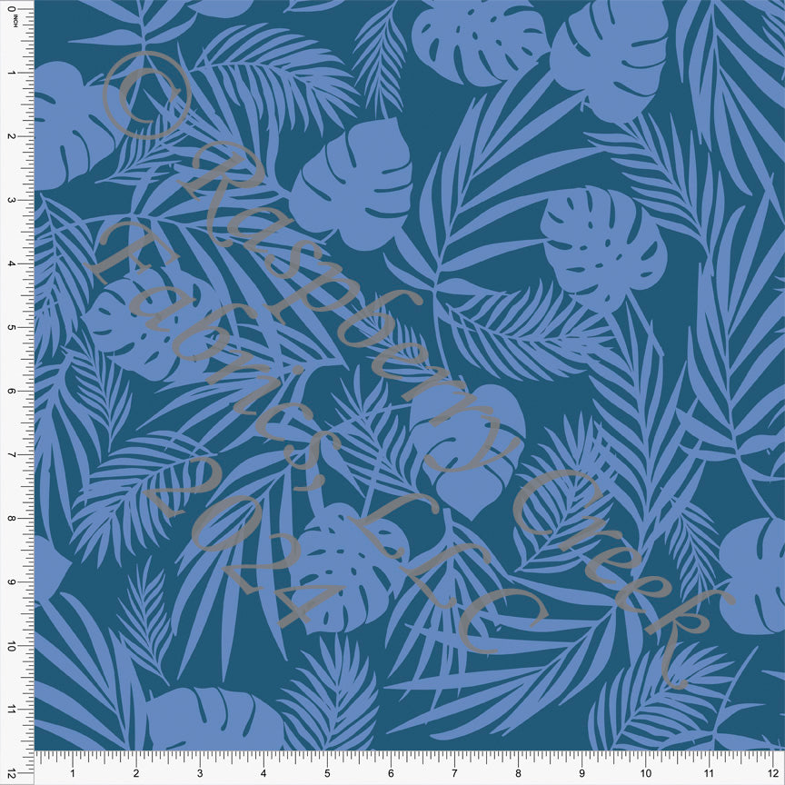 Tonal Cornflower Tropical Leaf Print Fabric, Summer Vibes by Kim Henrie for Club Fabrics