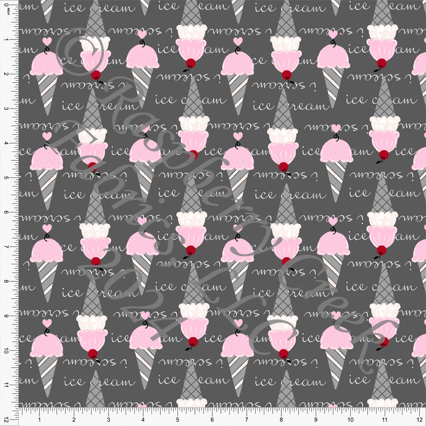 Tonal Grey Pink and Red Ice Cream I Scream Print Fabric, Sweet Valentines by Nice to Michiyo Design for CLUB Fabric